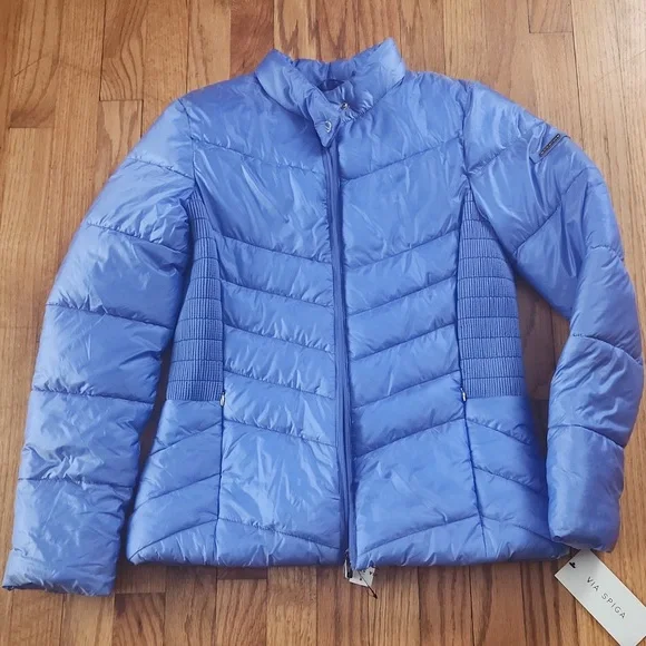NWT Blue 💙 iridescent Via Spiga waterproof packable puffer jacket size Small - Picture 2 of 9